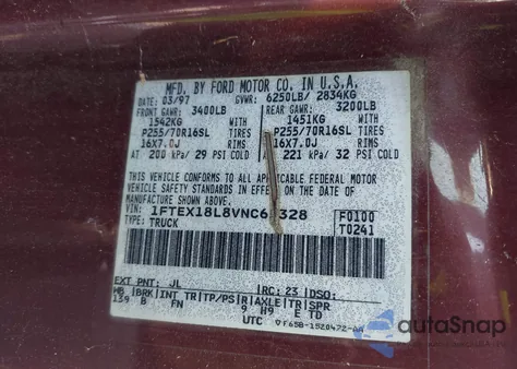 1997 Ford F-150 Lariat/Xl/Xlt from USA, damaged, VIN 1FTEX18L8VNC65328